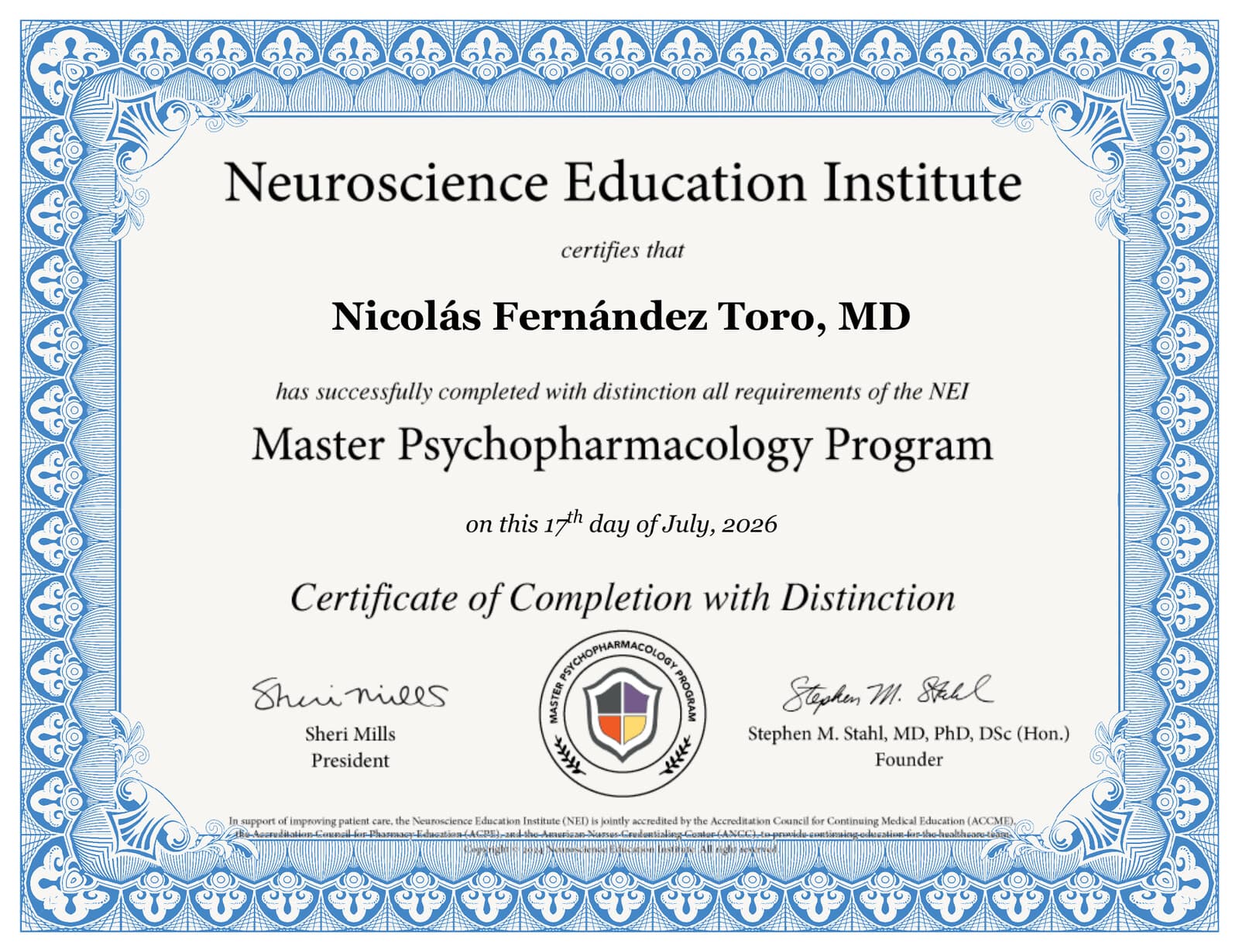 Certificado NEI Master Psychopharmacology Program — Dr. Nicolás Fernández Toro, con distinción, 2026